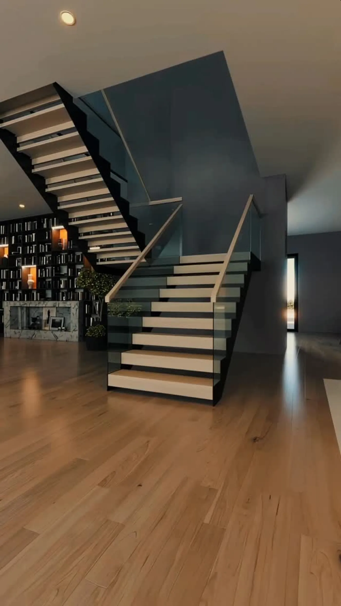 Custom glass balustrade railing system on floating stairs in a Los Angeles home